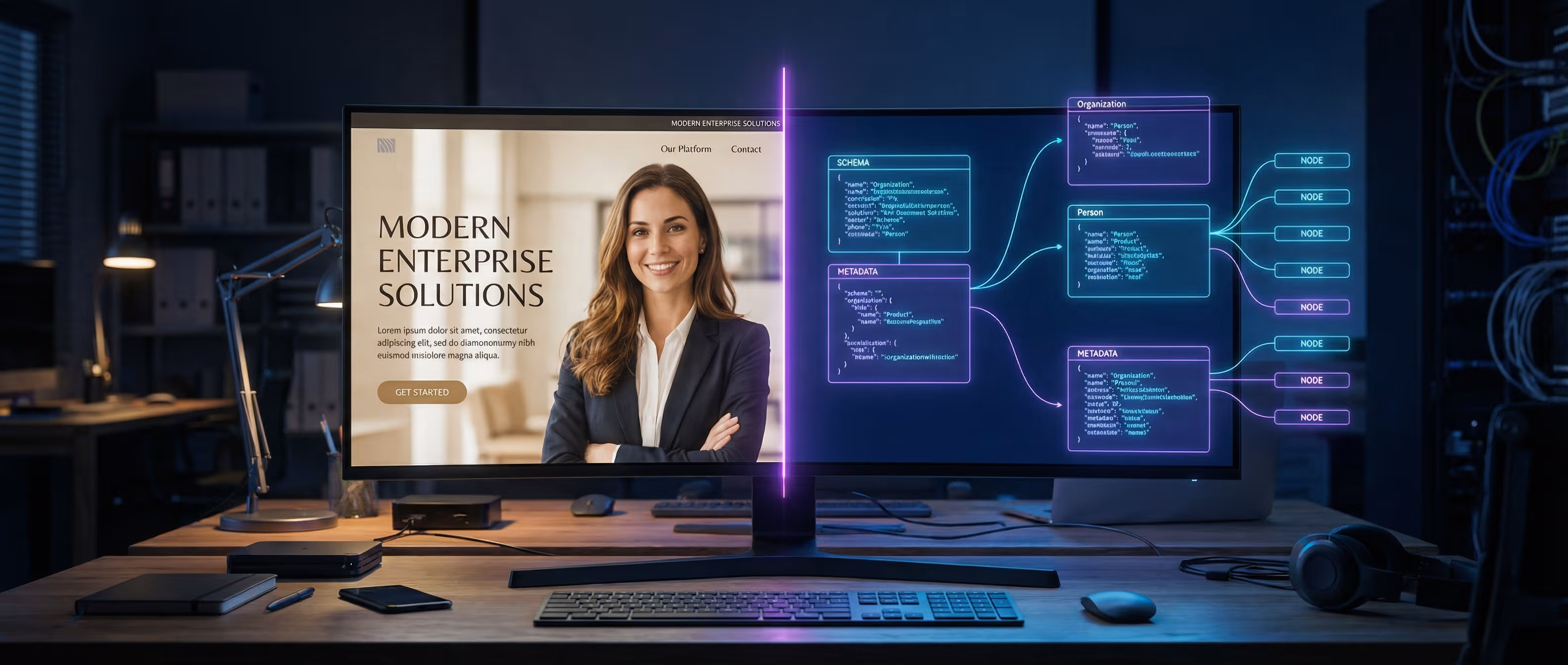 Split screen showing a human browsing and an AI agent parsing the same website