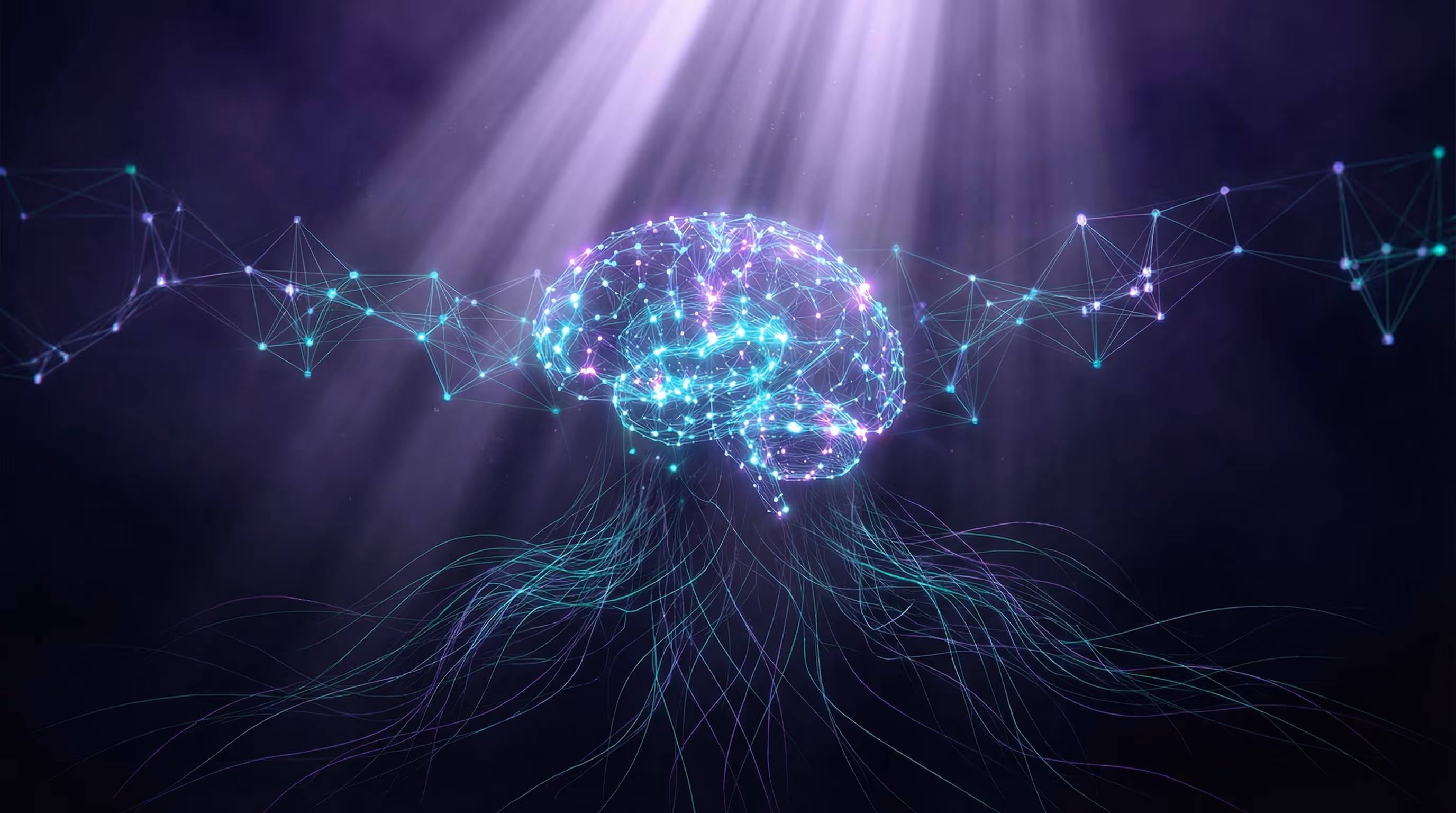 Purple neural network visualization representing AI agent decision pathways